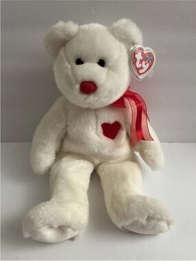 Ty Beanie Buddy Valentino Teddy Bear W/Red Embroidered Heart and Ribbon. New